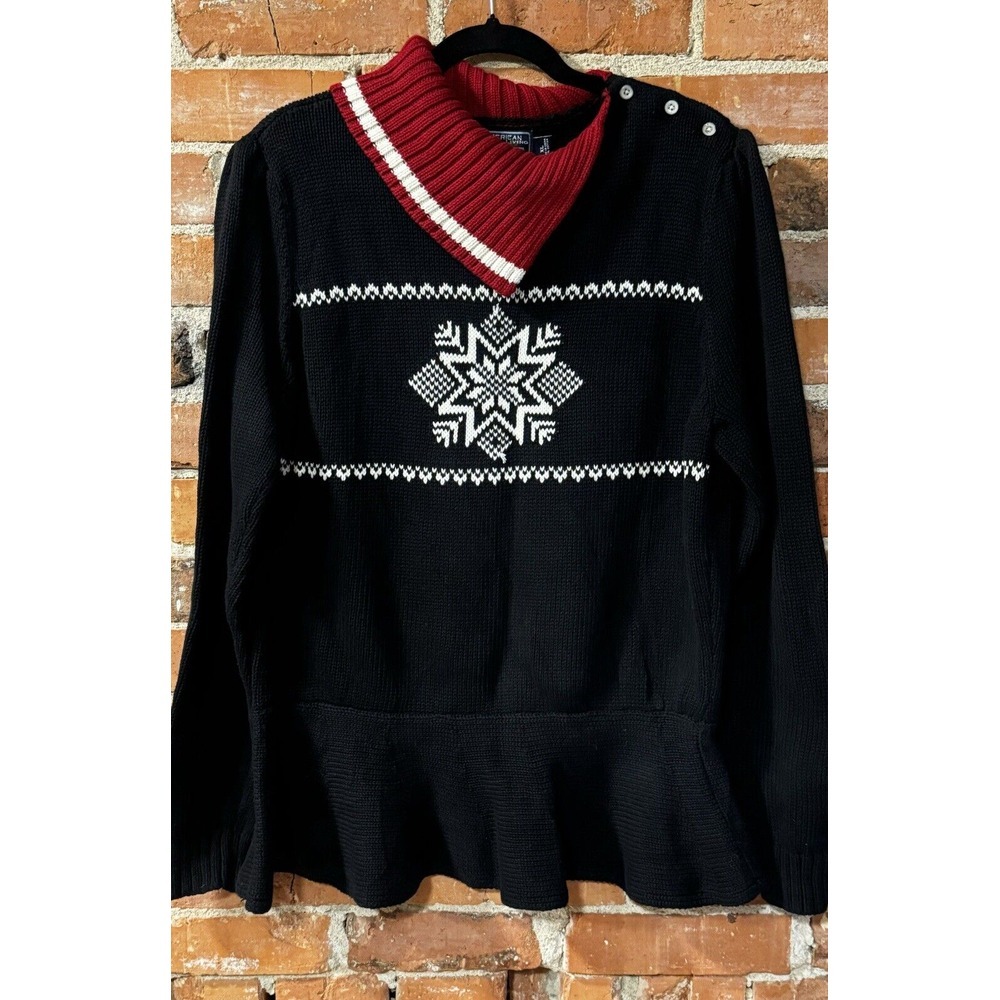 American Living Women's Sweater Red Black‎ Cowl Neck Peplum Snowflake XL